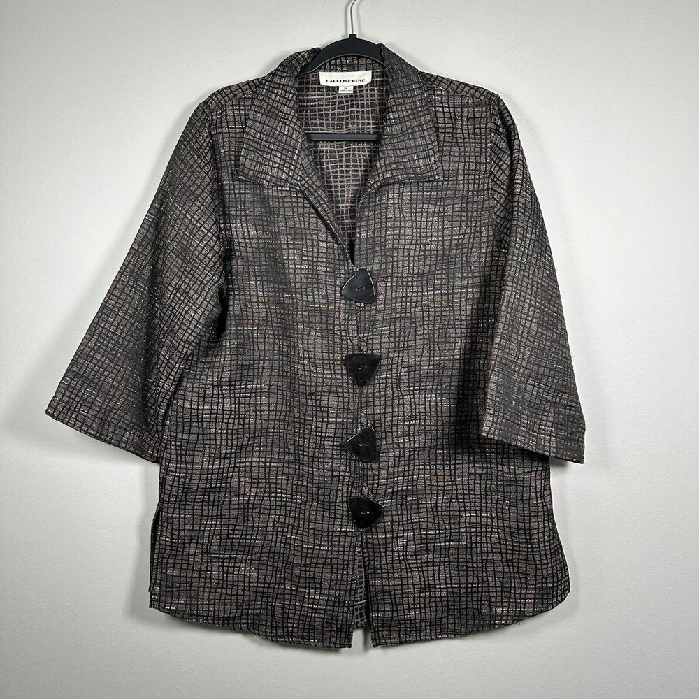 Caroline Rose Medium Brown Black Metallic Woven 3/4 Sleeve Four Button Jacket‎